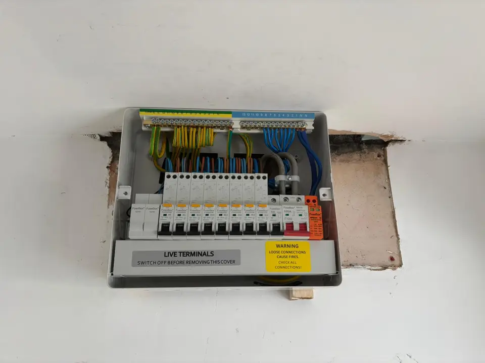 New consumer unit with surge protection fitted during a fuse board upgrade