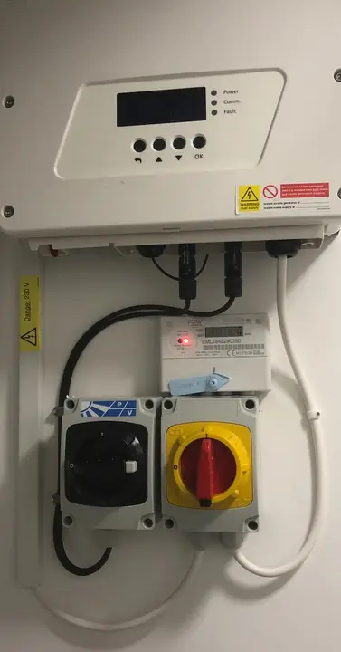 Solar PV inverter with isolator switches and generation meter